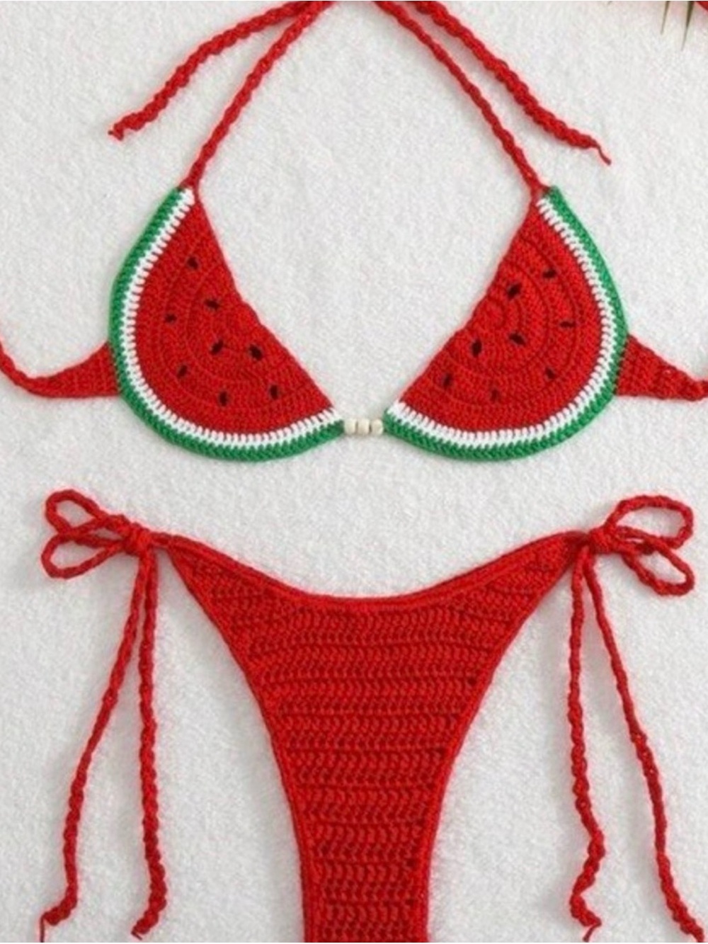 Red Watermelon Crochet Bikini Set - Women's Tie Side Swimwear